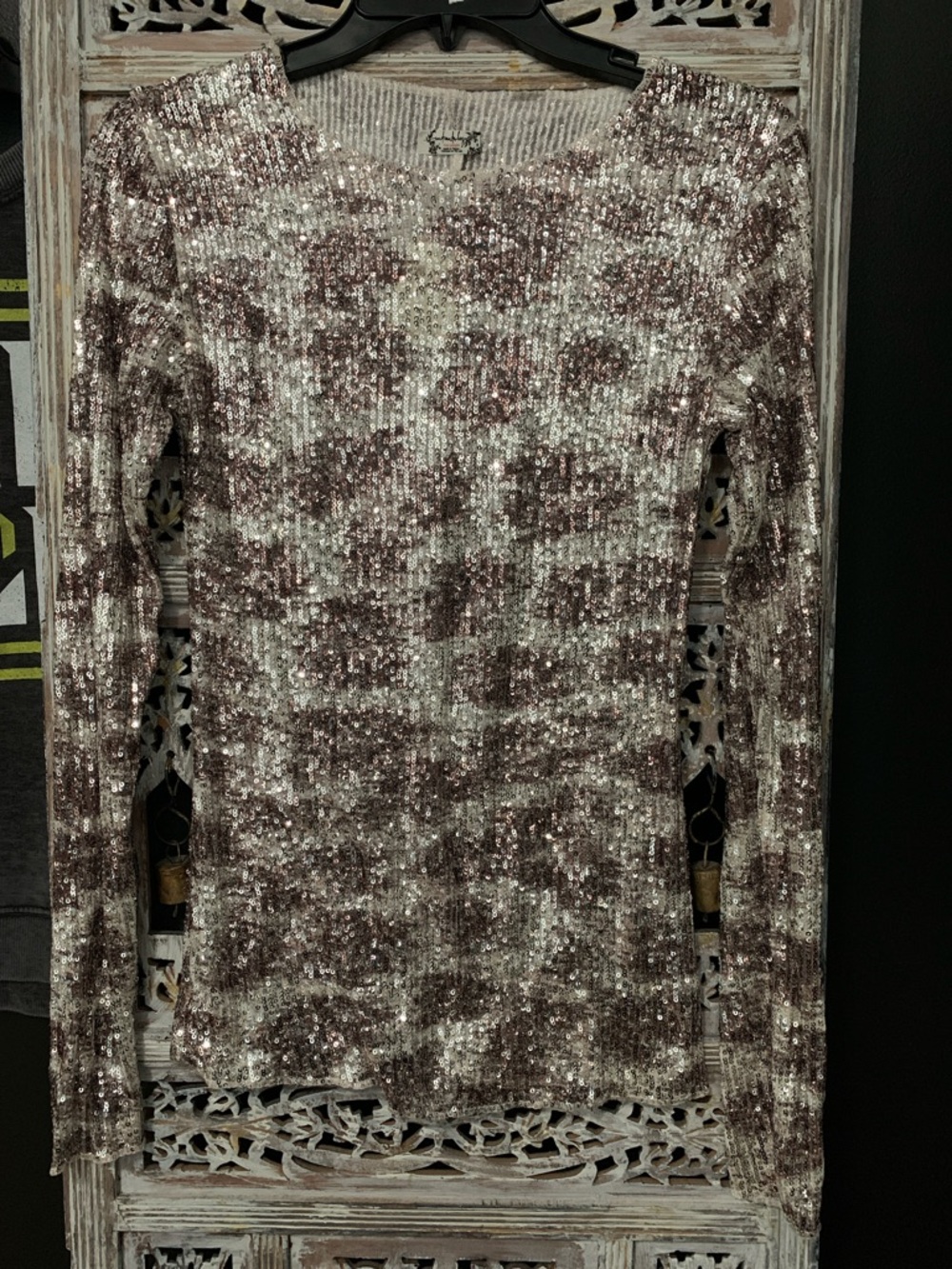 Free People Gold Rush Long Sleeve Sequin Top NWT Alabaster Brown White Silver - Picture 6 of 10
